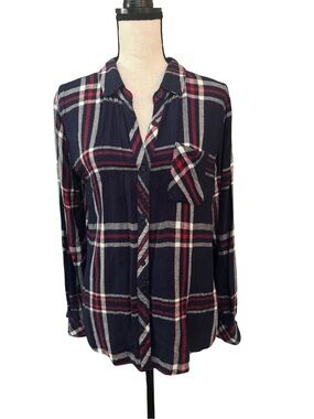 Rails Hunter Navy Red Plaid Button Front Rayon Shirt Pocket Top Small